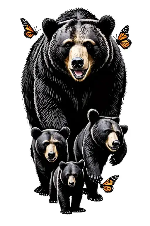 Papa bear and 3 black bear cubs and 2 monarch butterfly walking in the wilderness trees tattoo design idea