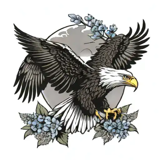 Bluebonnets wrappng around the silhouette of an eagle in flight tattoo design idea