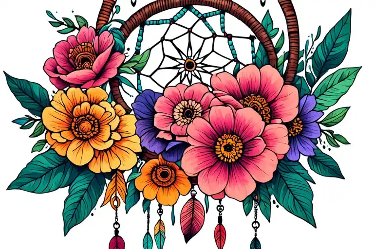 windchime dream catcher with flowers tattoo design idea