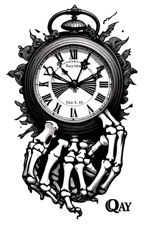 Forearm Skeleton hand leading into a clock with Qays death time and the date sitting under it going into the name Qay  tattoo design idea