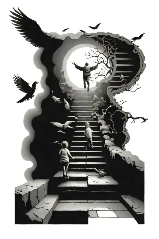 stairway to heaven and in the middle of the stairs put 3 people walking up the stairs a child and mom and dad with birds tattoo design idea