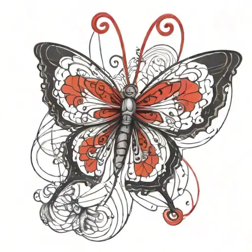 A red butterfly with intricate lineart design intertwined with red string, symbolizing connection and transformation tattoo design idea