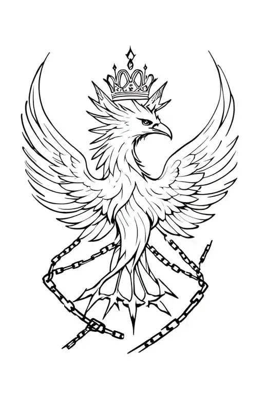 A large stylized phoenix in black, less realistic, fine features, with a crown above, broken chains behind tattoo design idea