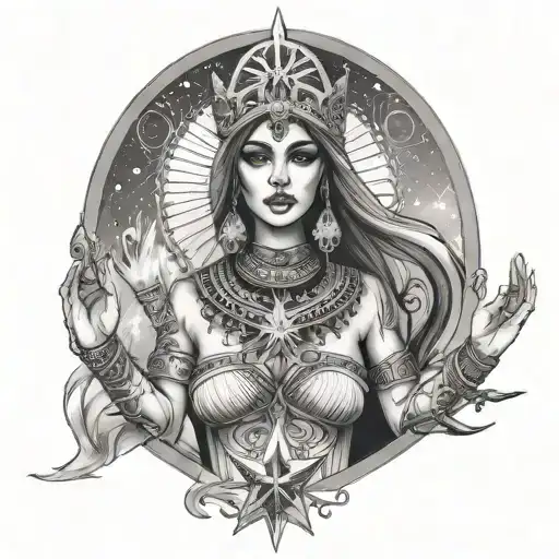 isis goddess holding a star in a dress looking magical tattoo design idea