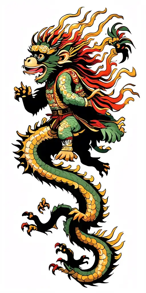 monkey king riding dragon flying tattoo design idea