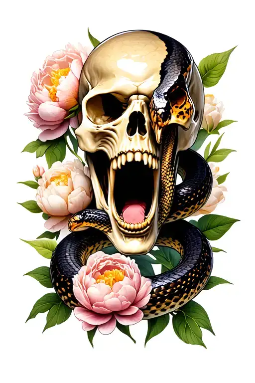 screaming skull, large python snake wraps the skull, in the background leaves and flowers of peonies tattoo design idea