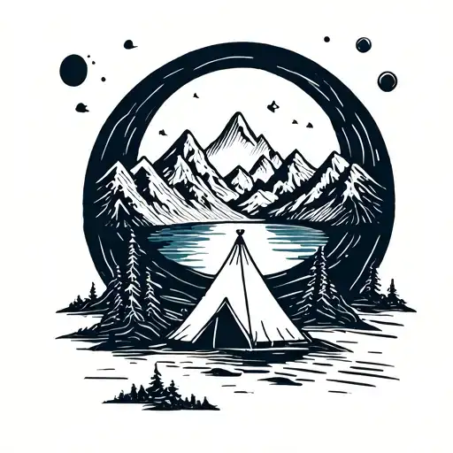 Linework with topographic contour lines and small tent + mountains inside plus a lake plus globe Thin clean outline. tattoo design idea