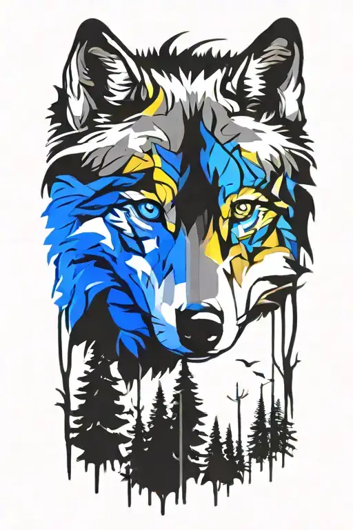 wolf blue eyes forest landscape tattoo design idea