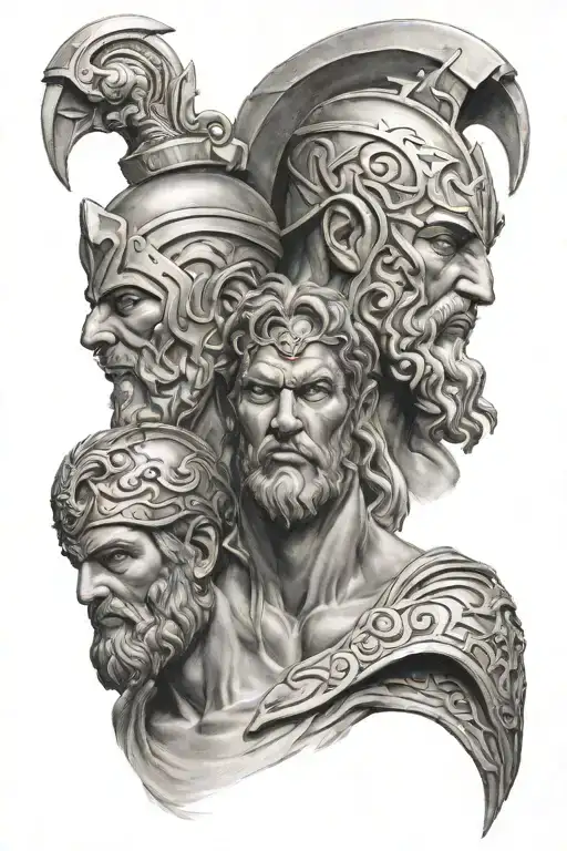 hercules, atlas, and a spartan shoulder piece tattoo design idea