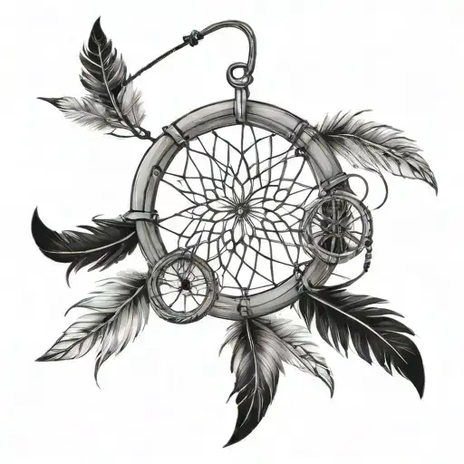 a dream catcher with 3 feathers held by life lines and the first names Eline Axel & Tylia tattoo design idea