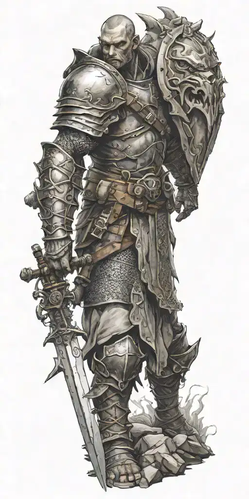 a swordsman clad in light armor standing atop a vanquished goblin  tattoo design idea