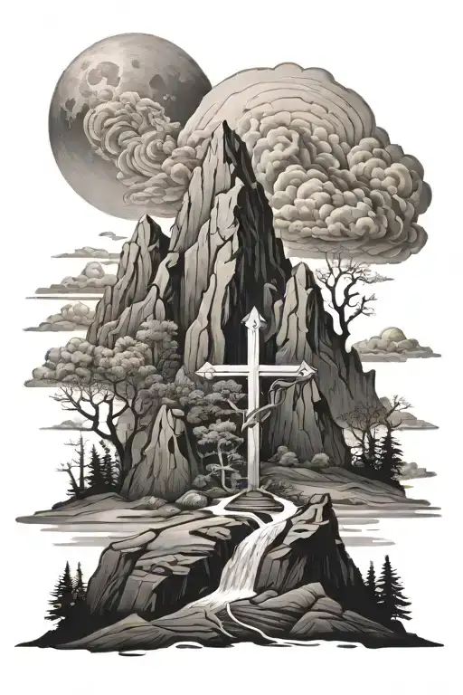 cross white mountain scene inside and outside of cross  tattoo design idea