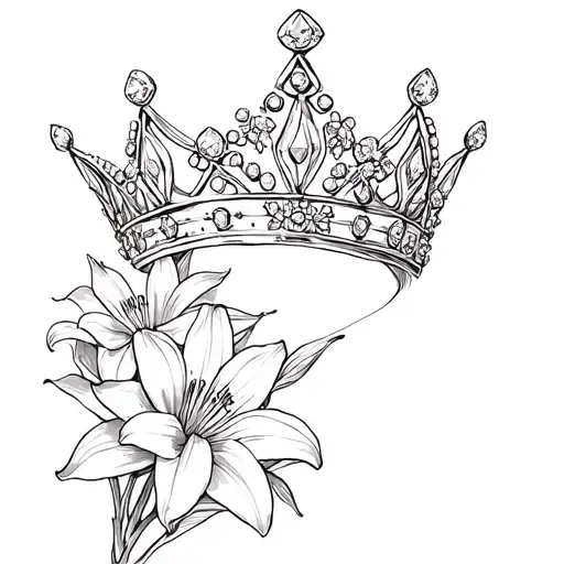delicate queen crown with diamonds on a bed of lilies tattoo design idea