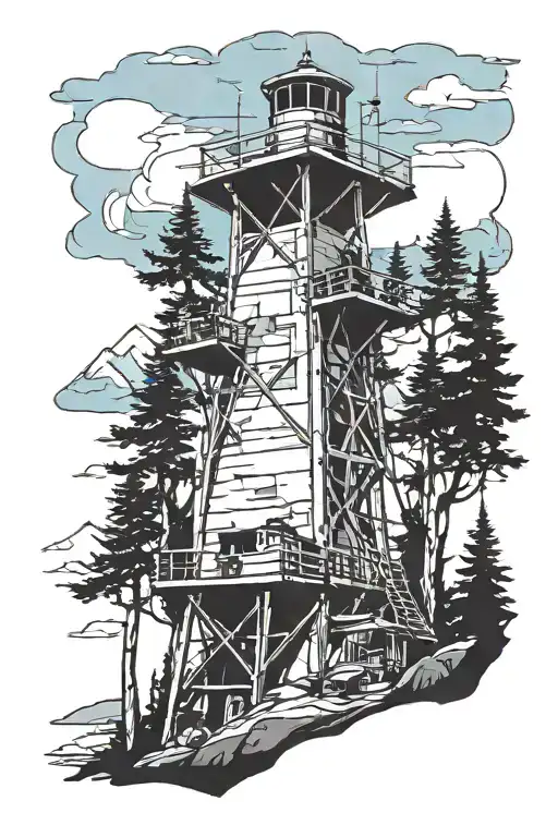 FireWatch Tower with two men standing in tower looking. surrounded by trees mountains. baby blue el Camino parked outsid tattoo design idea