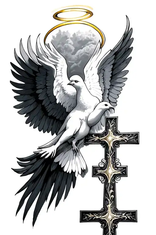 dove , angel with halo, 3 crosses tattoo design idea