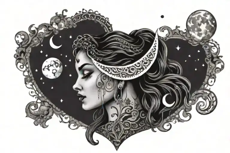  waxing, full, and waning moon, witchy, henna, 3 hearts, side of head around ear tattoo design idea