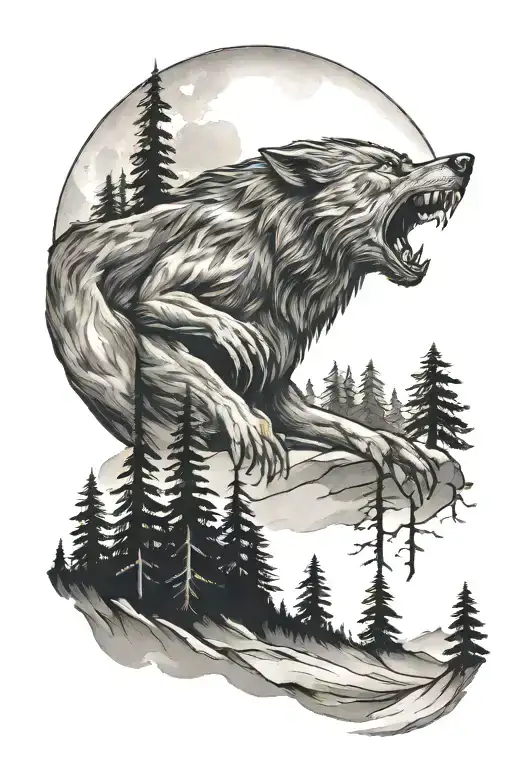 forest and werewolf howls at the moon on the mountain all hand tattoo design idea