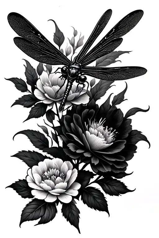 dragon fly and carnations fine line tattoo design idea
