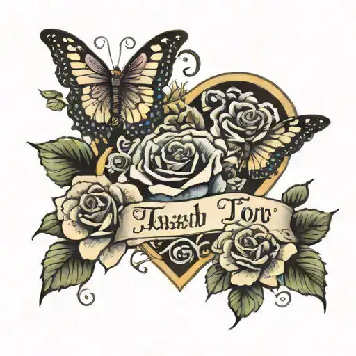 roses and butterflies with a small E on a heart with Isaiah 41:10 tpt verse on top tattoo design idea