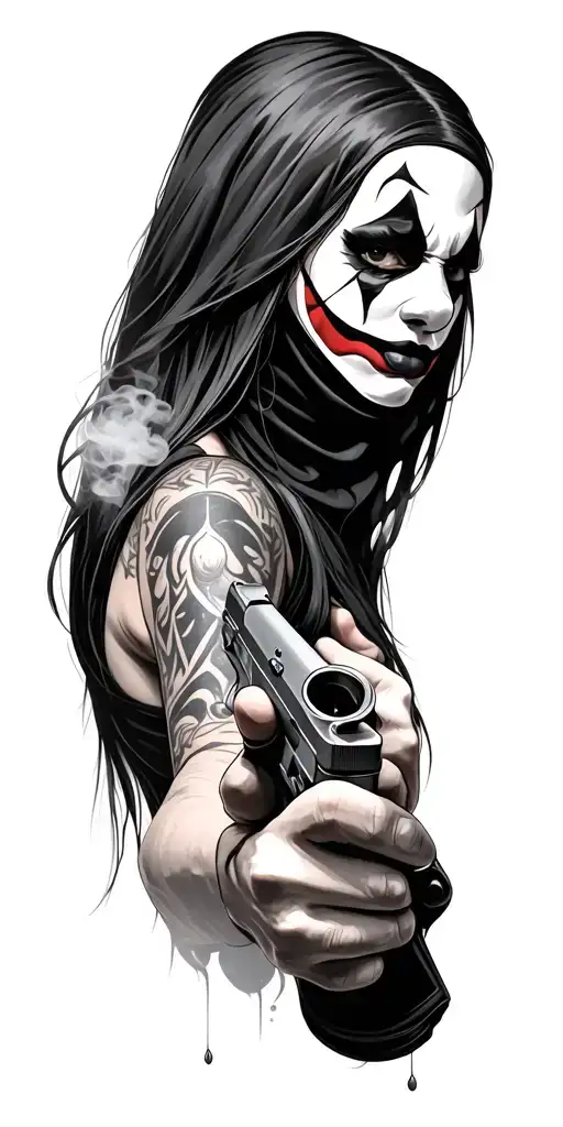 Woman with long hair (main figure)Person in a balaclava holding a handgunClown face with sharp featuresSmoke and shad tattoo design idea