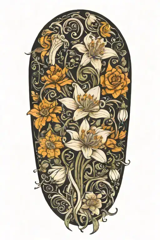 snowdrops, rose, marigold, daffodil, octopus tentacles tattoo design idea