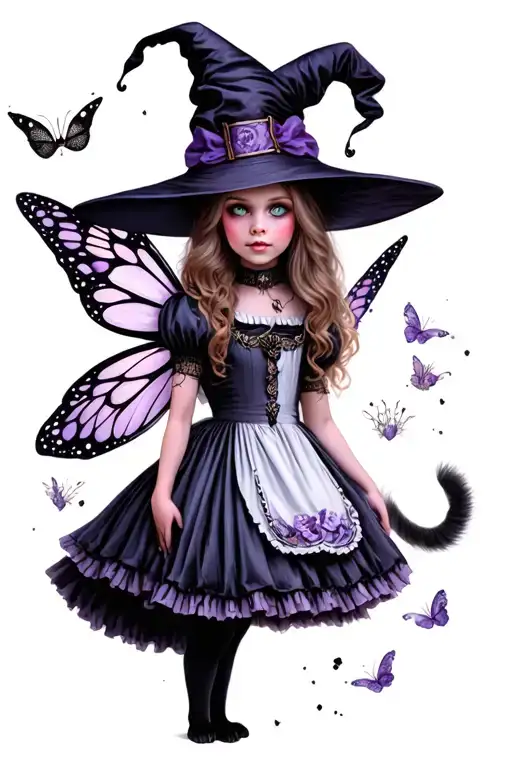 gothic Alice in wonderland as a fairy witch plus cat's eyes  tattoo design idea