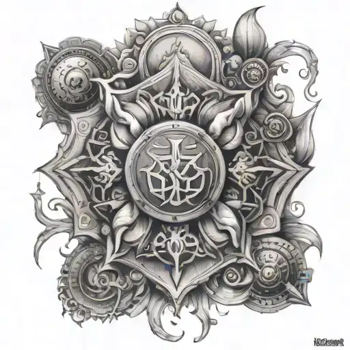 An intricate mandala design incorporating firefighting tools and Gemini symbols, blending the client's interests seamlessly tattoo design idea