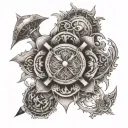 An intricate mandala design incorporating firefighting tools and Gemini symbols, blending the client's interests seamlessly tattoo design idea