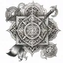 An intricate mandala design incorporating firefighting tools and Gemini symbols, blending the client's interests seamlessly tattoo design idea