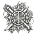 An intricate mandala design incorporating firefighting tools and Gemini symbols, blending the client's interests seamlessly tattoo design idea