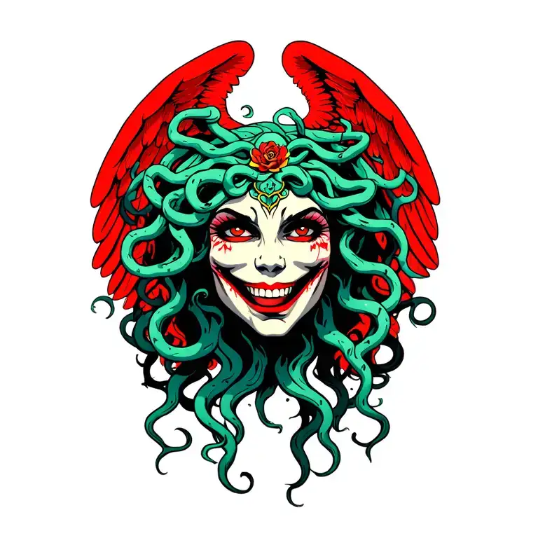Medusa head with upright wings behind head, smizing eyes, and wide set closed mouth sinister smile tattoo design idea