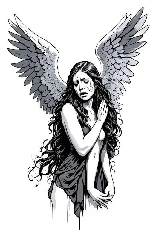 Female angel warrior crying surrendering looking up god and holly spirit looking down at her tattoo design idea