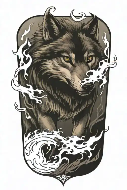 wolf fire flames left arm tattoo design idea