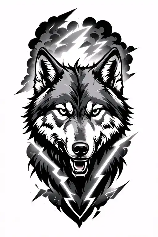 wolf storm clouds lightening bolt tattoo design idea
