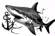 Shark with exposed rib bones and scars swiming next to an anchor tattoo design idea