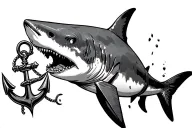 Shark with exposed rib bones and scars swiming next to an anchor tattoo design idea