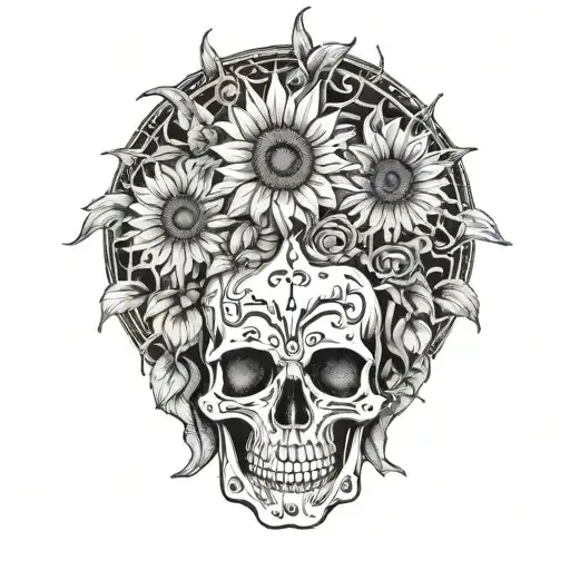 skeletons turning into sunflowers tattoo design idea