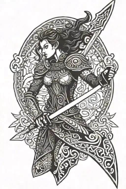 A Valkyrie warrior wielding a sword, with intricate Nordic patterns in the background tattoo design idea