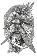 A Valkyrie warrior wielding a sword, with intricate Nordic patterns in the background tattoo design idea