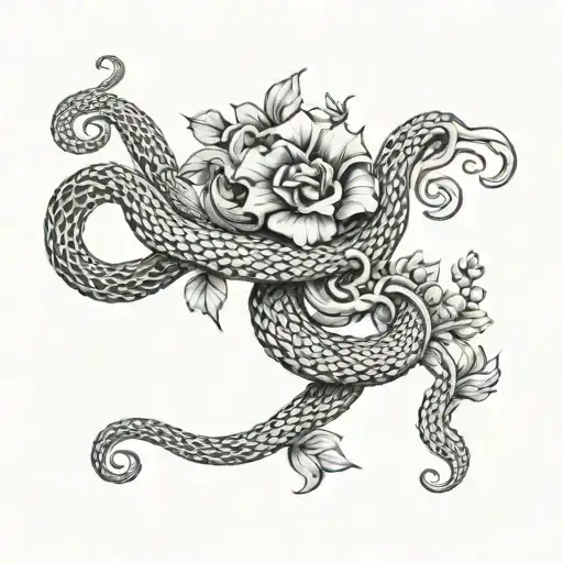 flowers wrapped water flowing snakes entwined tattoo design idea