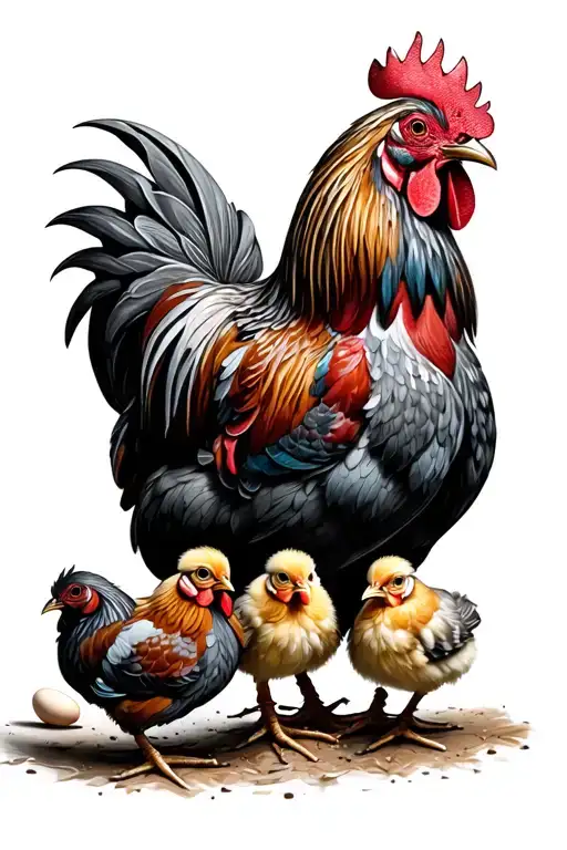 adult rooster three young roosters 6 chicks two eggs tattoo design idea