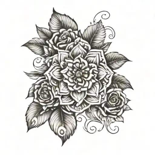 Create line art tattoo concepts that blend mandala, rose, and leafes seamlessly. Imagine designs where legal symbols li tattoo design idea