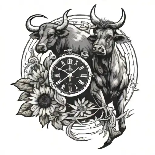 clock, man fishing, sun flower, let them, Taurus bull tattoo design idea