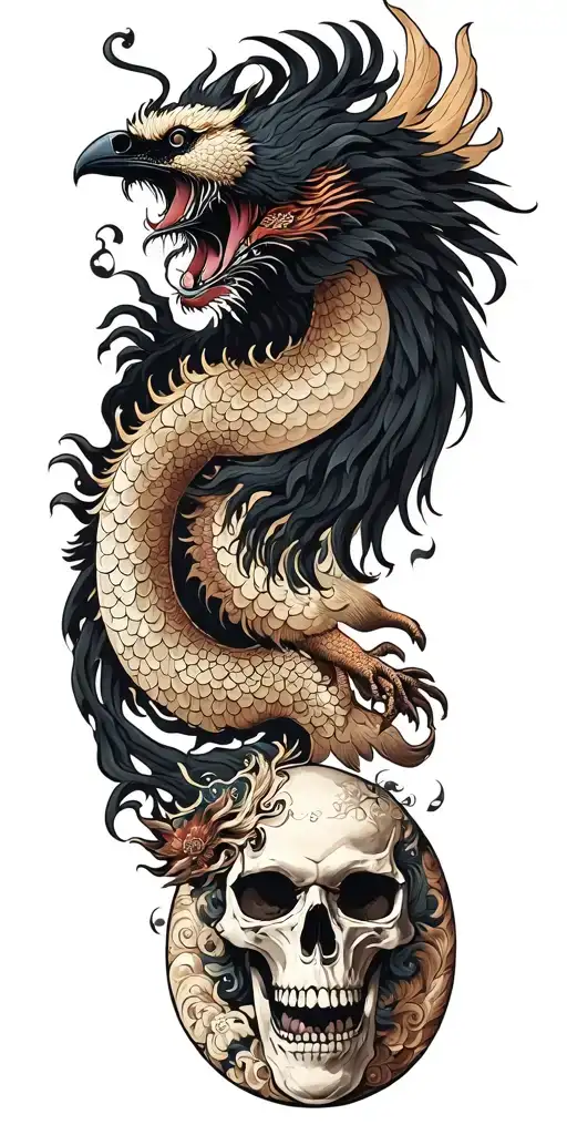 Chinese dragon and phoenix and skull and moon and raven tattoo design idea