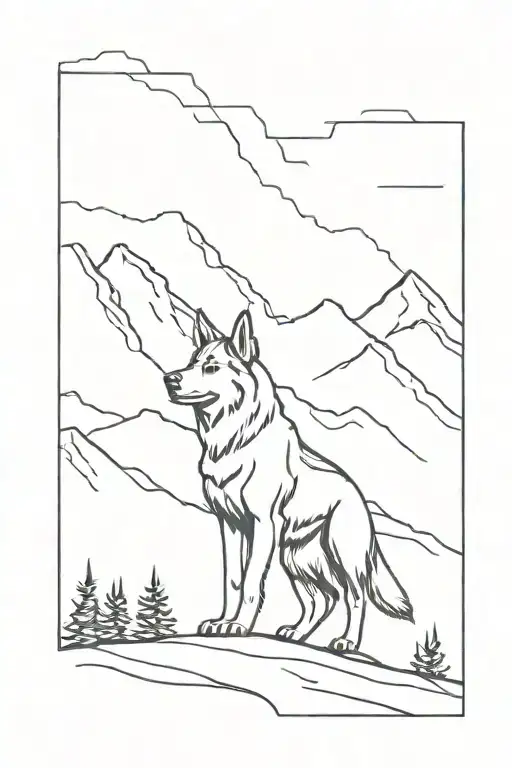 A minimalist design of a German Shepard service dog standing on a mountain peak tattoo design idea