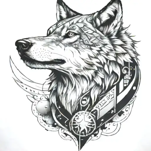 alpha wolf, space theme tattoo design idea