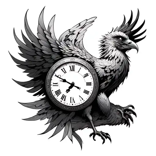 phoenix emerging with a clock in the beak representing the hour my child was born and the date he was born tattoo design idea
