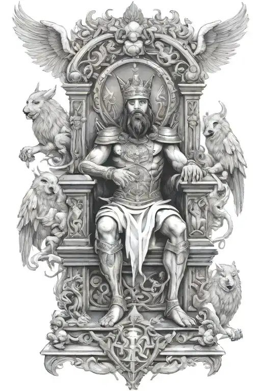 king of kings sitting on throne with armies of angels and background of fire in 3d effect tattoo design idea