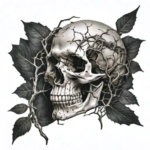 Cracked Blood covered Skull missing jawbone. Bleeding. Surrounded by Dry Thorny Blood soaked black Branches tattoo design idea