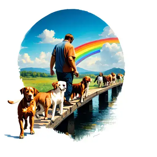 A man walking over the rainbow bridge being greeted by dogs tattoo design idea